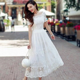 パーティードレス 韓国 ドレス 個性的 ワンピース プチプラ 白 ホワイトレース 繊細 高級感 レース ロングワンピース アンティーク ショートスリーブ スクエアネック ロマンティック 上品 お呼ばれ