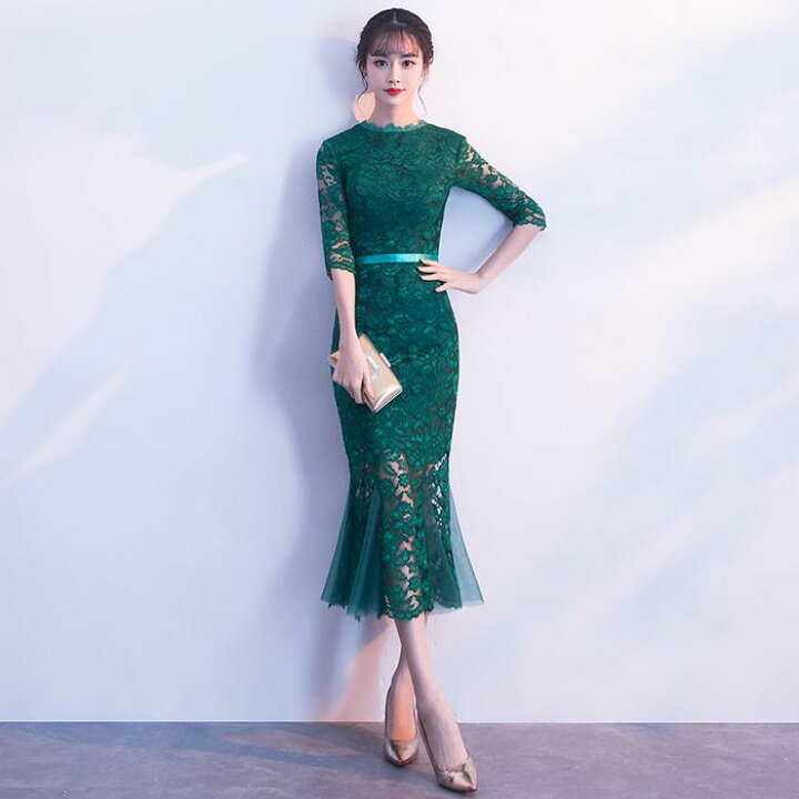 楽天市場 ワンピース 結婚式 お呼ばれ マーメイド タイト 総レース 袖あり 膝丈 代 30代 40代 グリーン 緑 Pots