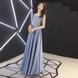 イブニングドレス ブルー グリーン ロングドレス レース 発表会ドレス 演奏会ドレス ノースリーブ ロング Aライン 結婚式ドレス 二次会ドレス グレー パーティードレス ロング丈 ナイトドレス 30代 40代 コンクール フォーマル ラウンドネック 送料無料 SS S M L LL 3L