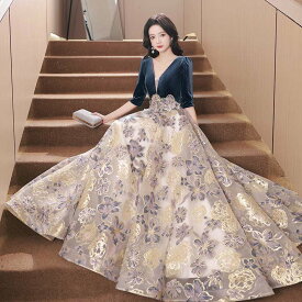 イブニングドレス ロング丈 エレガント ロングドレス 演奏会 ピアノ 発表会 Vネック 花柄 袖あり 大きいサイズ 五分袖 結婚式ドレス Aライン 卒業式 成人式 二次会 お呼ばれドレス マキシ丈 ベルベット コンクール フォーマル ステージドレス 送料無料 XS S M L XL XXL
