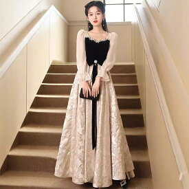 パーティードレス シャンパン色 ドレス 二次会 お呼ばれ イブニングドレス 合唱ドレス 入学式 結婚式 発表会 ナイトドレス 長袖 ピアノ発表会 ロング丈 ワンピース プリンセスドレス 忘年会 披露宴 ロングドレス ステージドレス 誕生日 送料無料 XS S M L XL XXL XXXL
