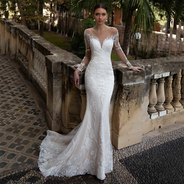 ウェディングドレス 袖あり 白 花嫁ドレス 結婚式ドレス レース V  