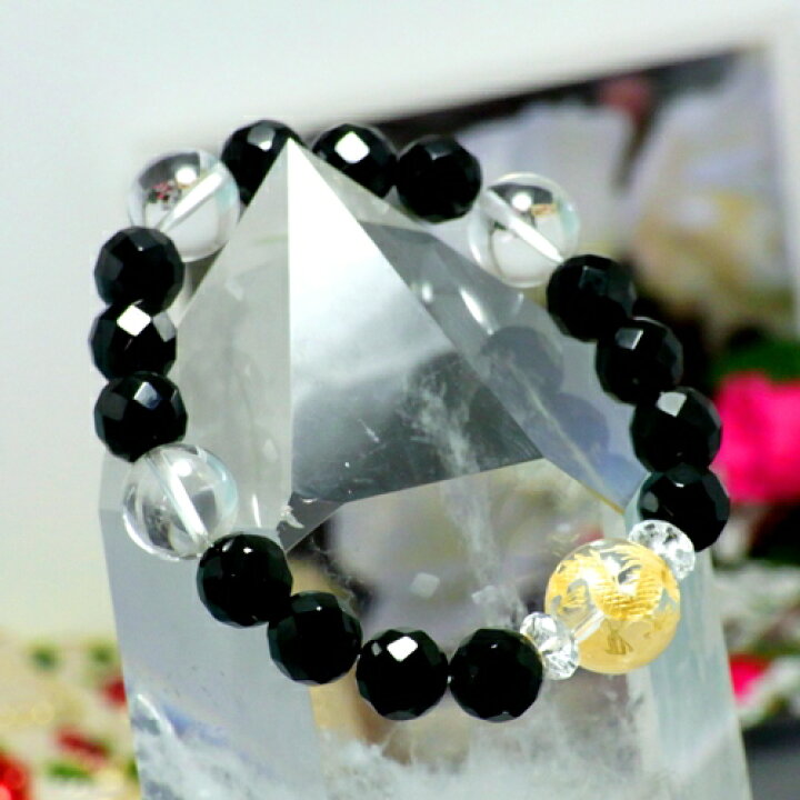 楽天市場】手彫り金龍水晶14mm×カットオニキスブレスレット  