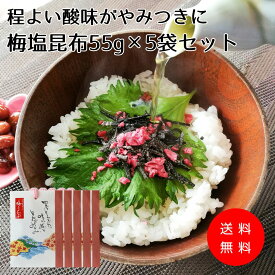 【送料無料】程良い酸味がやみ付きになる【梅塩昆布55g×5袋セット】紀州産梅肉入 梅 塩 汐 塩吹き 昆布 こんぶ おにぎり お茶漬け ご飯のお供 佃煮 つくだ煮 チャーハン お料理に 和紙袋入 ギフト 贈答 手土産