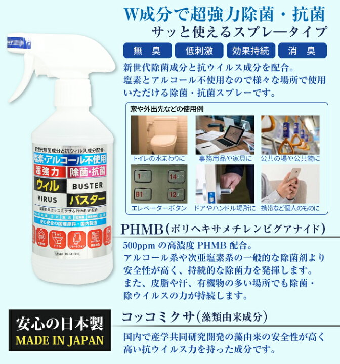 楽天市場】PHMBウィルバスター 除菌抗菌スプレー 480ml 2本セット 日建 