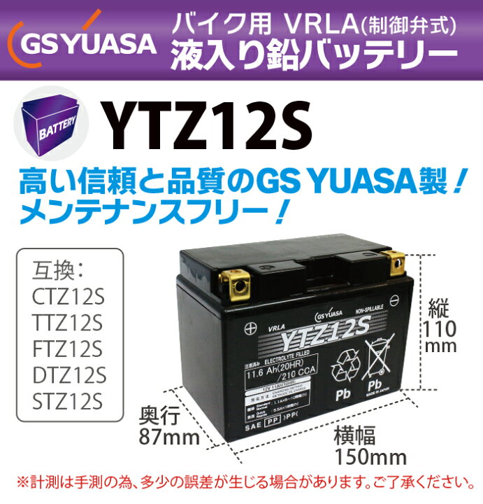 楽天市場】バイク バッテリー YTZ12S GS YUASA 国産級品質 ユアサ 