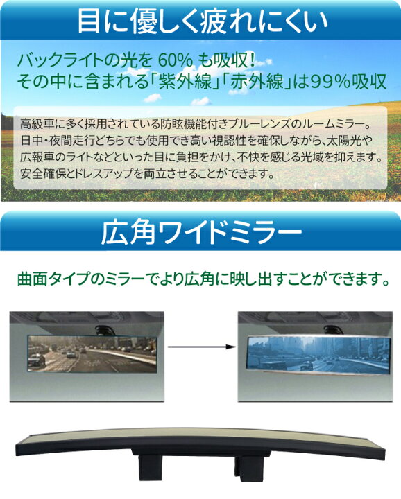 広角ルームミラー ワイド ブルー ルームミラー ワイドミラー 広角 曲面鏡 横幅295mm 車 Off 横幅295mm