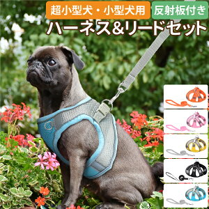 反射板付きメッシュハーネス+リードセット S/M ペット ハーネス 二重留め バックル マジックテープ リード 1.5m お散歩 反射素材 夜間 雨天 犬 超小型犬用 小型犬 ペット用品 お出かけ 旅行