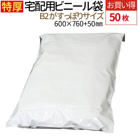 【8/4～8/11 エントリーでポイント10倍】 【楽天1位】 特大サイズ 宅配ビニール袋 50枚 B2サイズ 透けない テープ付き ホワイト 横600mm×高さ760mm＋フタ50mm 厚み100ミクロン ぬいぐるみ 袋 梱包材 宅配袋 ビニール 宅配 ポリ袋