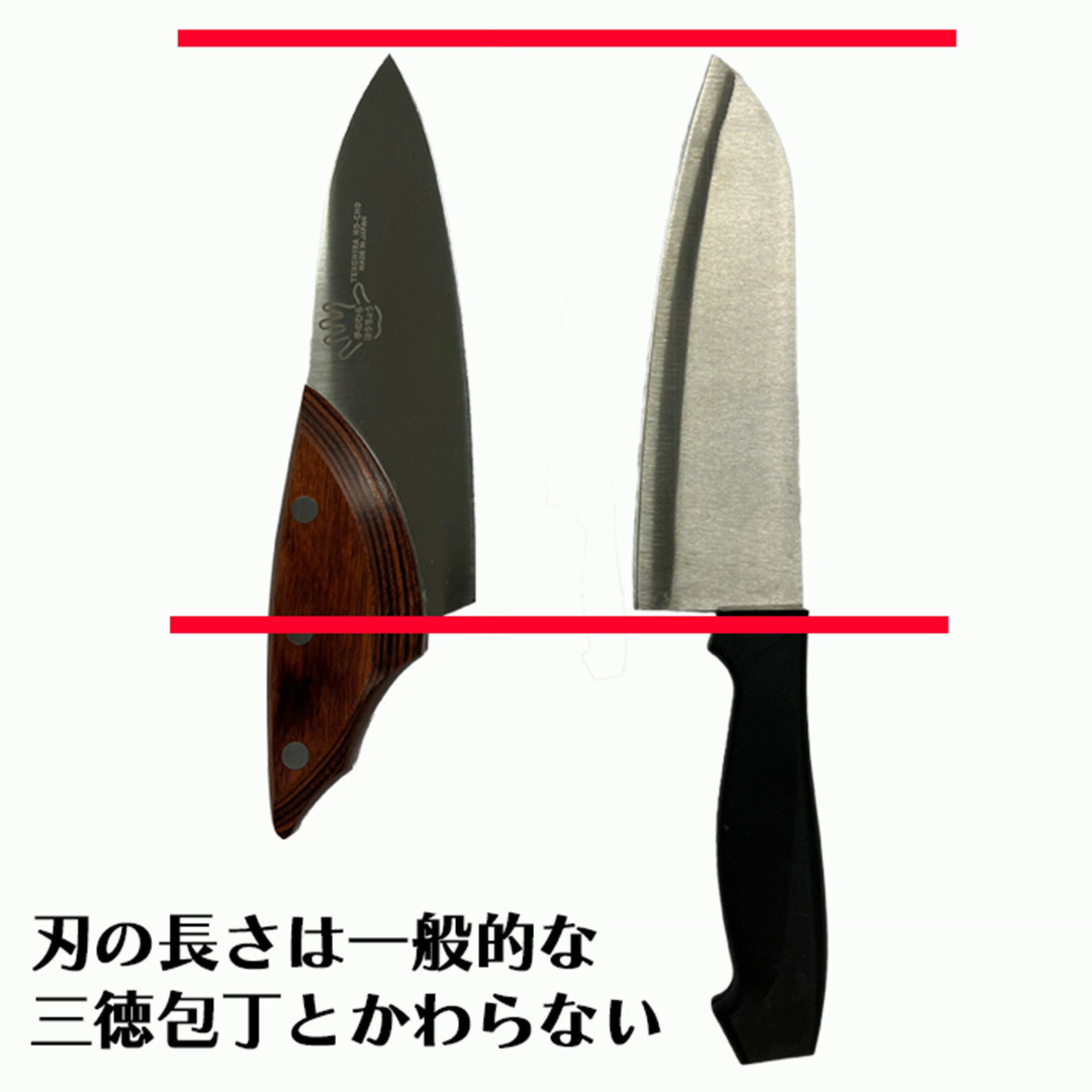 小ぶりに見えても刃の長さは一般的な三徳包丁とかわりません。