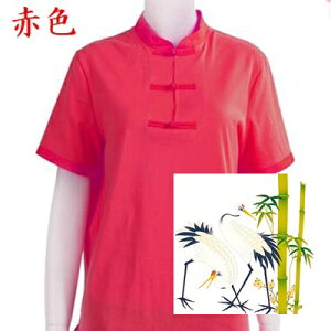 鶴模様　中華タイプ　太極拳Tシャツ　赤色　【HCWT−012】
