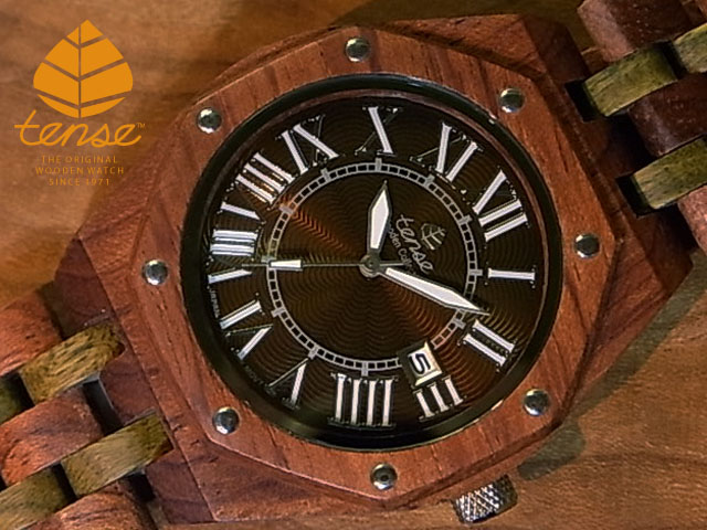 1971年創業のカナダ木工専門技を結集し、匠が創り上げたTENSE 木製腕時計  ウッドウォッチ 手にした瞬間からヴィンテージへの一歩が始まる テンス   日本公式ショップ 木製腕時計 メンズ ウォッチ オクタゴンプレステージモデル No.417 アフリカンローズウッド  グリーンサンダルウッド ギフトにも 天然木の木目が美しい 軽量 木製 腕時計