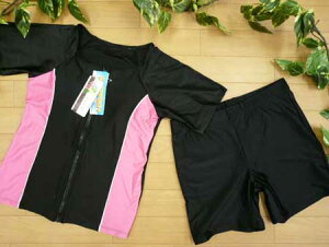 水着 レディース 送料無料 フィットネス 17LL セパレート DIX-CLOCHE 半袖 袖あり フルジップ 女性用 ピンク 17号
