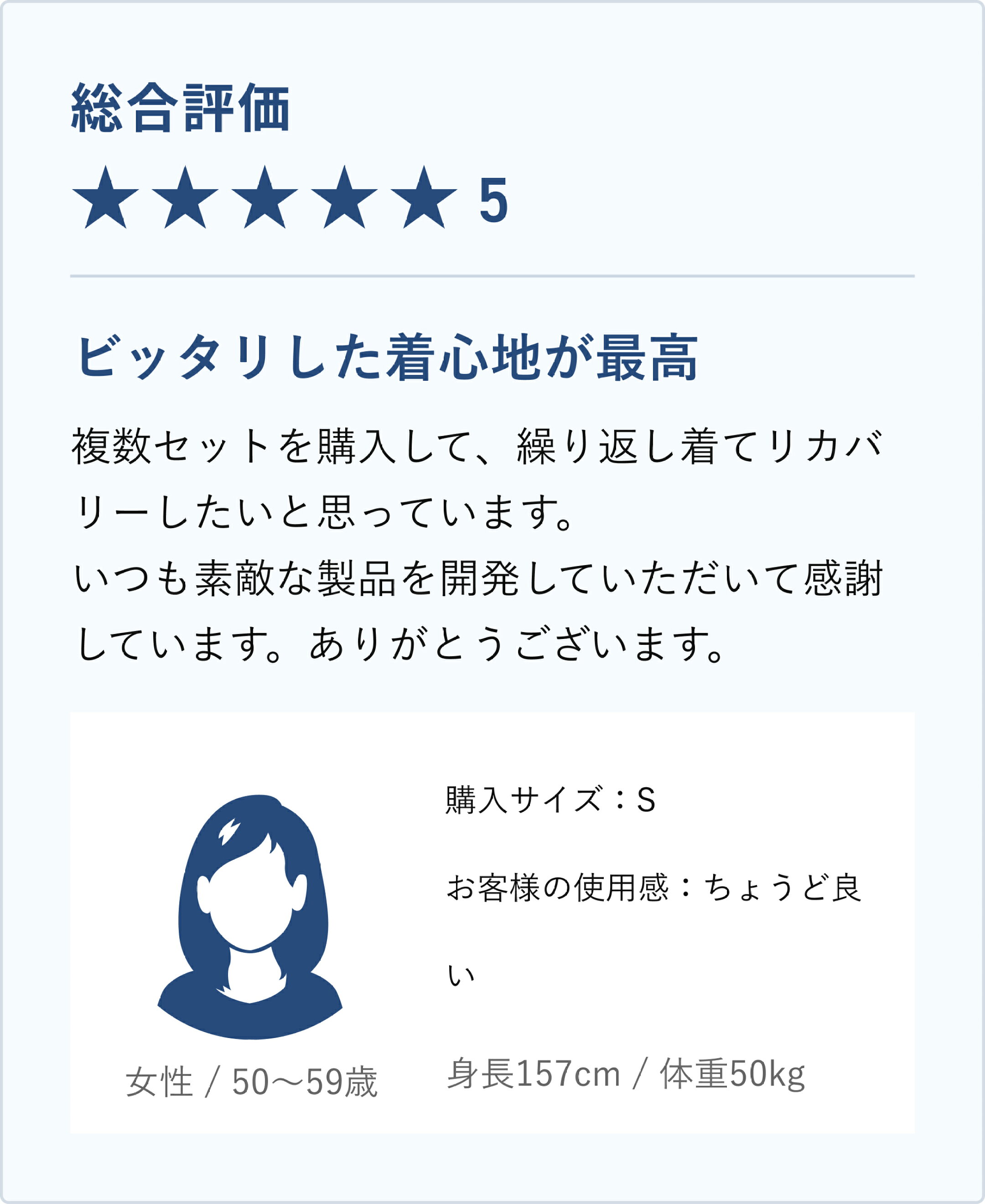 ビッタリした着心地が最高　複数セットを購入して、繰り返し着てリカバリーしたいと思っています。 いつも素敵な製品を開発していただいて感謝しています。ありがとうございます。