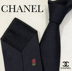 【美品】CHANEL シャネル ネクタイ ココマーク 王冠 クラウン 刺繍 ブラック 黒 シルク100％ イタリア製 メンズ ビジネス フォーマル 高級 ブランドネクタイ 中古
