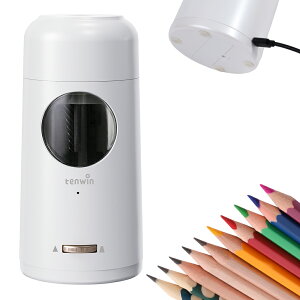 【秋の学び応援!マラソン特価】Tenwin 送料無料 スーパー全自動電動えんぴつ削り 電動シャープナー 6~12mmの鉛筆用 充電式ふと軸 芯先調整機能付き ムダ削り防止 スパイラル刃 芯つまり防止