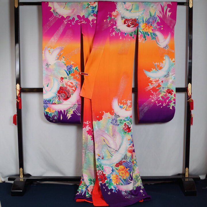楽天市場】引き振袖 踊り着物 掛下 着物 薔薇に飛鶴模様 正絹 【送料 
