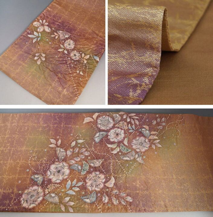 楽天市場】袋帯 辻が花模様 金通し 膨れ織 お太鼓柄 山吹茶色 【送料 