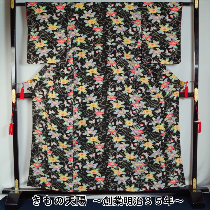 楽天市場】小紋 椿に蝶模様 黒色系 ちりめん Mサイズ 【中古 小紋 