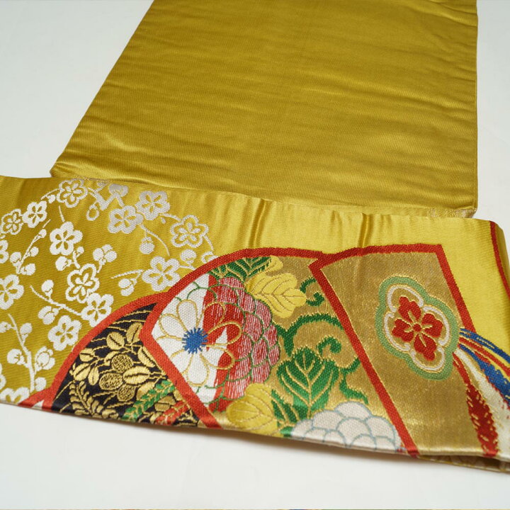 アンティーク 名古屋帯 刺繍 翁 扇子 着物 黒地 034w 潤滑 
