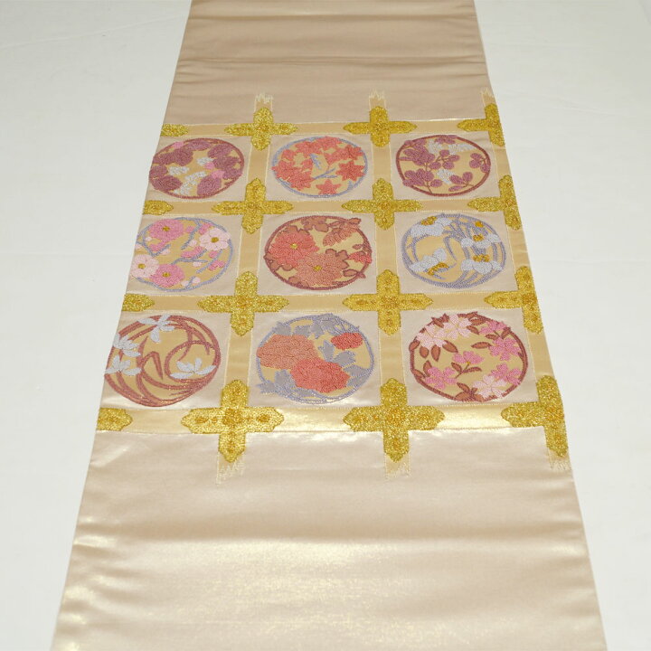 楽天市場】袋帯 相良刺繍 未使用品 天井格子に春秋草花模様 金通し  