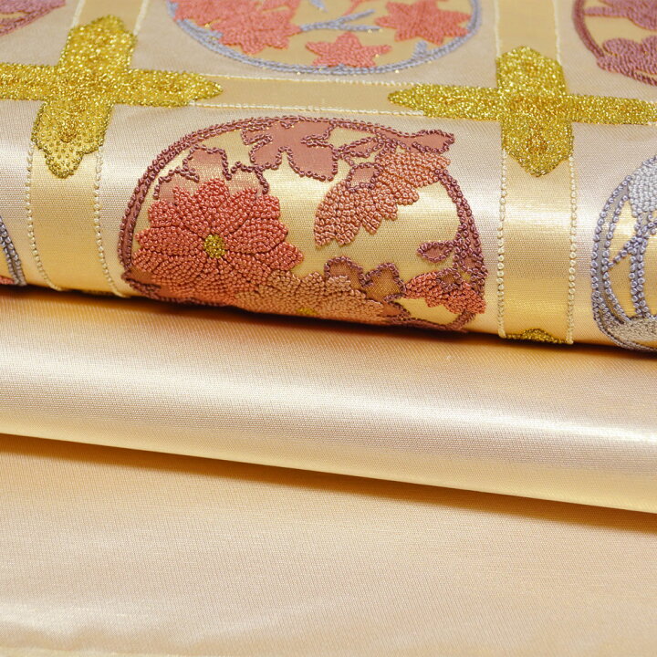 楽天市場】袋帯 相良刺繍 未使用品 天井格子に春秋草花模様 金通し  
