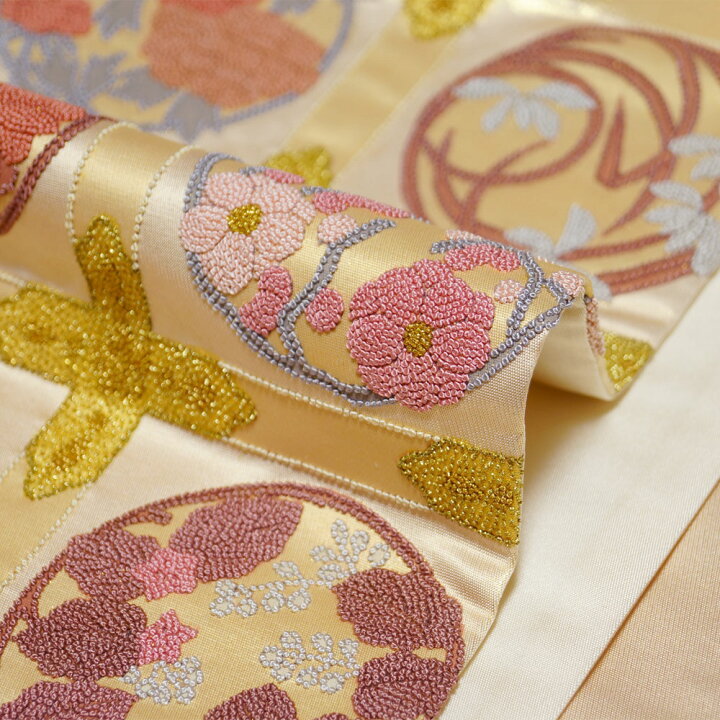楽天市場】袋帯 相良刺繍 未使用品 天井格子に春秋草花模様 金通し  