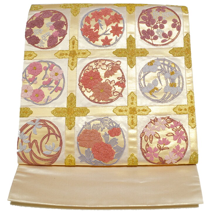 楽天市場】袋帯 相良刺繍 未使用品 天井格子に春秋草花模様 金通し  