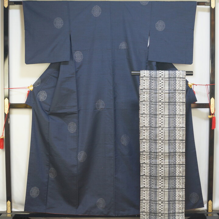 楽天市場】着物セット 紬・八寸名古屋帯 2点 セット 丸紋模様 紺色系 