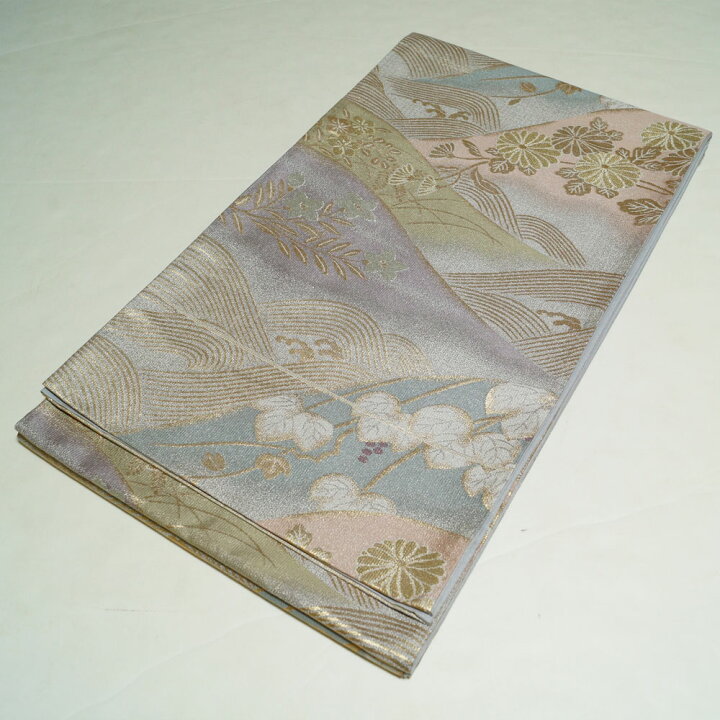 楽天市場】袋帯 入山に秋草模様 金・銀糸 六通柄 銀色系 【袋帯 中古 