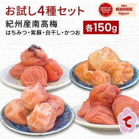 【P10倍&CP5%OFF】【南高梅4種セット / 各150g】減塩はちみつ梅干し5% しそ梅干し かつお梅干し 無添加白干し梅 20% お試し 4種セット ジップロック 袋入り 送料無料 梅干し 紀州南高梅 お試しセット 梅干しうめぼし 訳あり