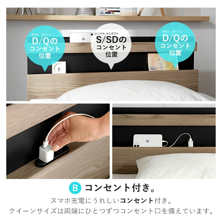 クイーンサイズ コンセント2口 LED電気付き マットレス要相談
