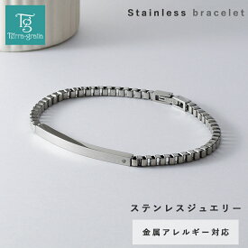 ブレスレット つけっぱなし メンズ 刻印 ステンレス 金属アレルギー ブランド 大人 ダイヤモンド シンプル IDプレート ボックスチェーン スティールシルバーカラー 金アレ サージカルステンレス クリスマス 誕生日 記念日 父の日 プレゼント テラグラティア Terra-gratia