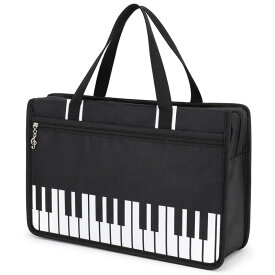 [Nomadra] 譜面バッグ レッスンバッグ 音楽バッグ 大容量 ファスナー付き オックスフォード生地 約38×12×28cm 肩掛け トートバッグ ピアノ 楽譜 収納 通学 ブラック 鍵盤柄 音符柄