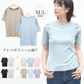 カットソー 半袖 リブ テレコ Tシャツ レディース トップス ボリューム袖 ボリュームスリーブ プチハイネック パイピング 配色ネック パフスリーブ 上品 お洒落 シンプル 無地 バイカラー きれいめ くすみカラー 夏 テラコッタ