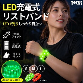 ランニング ライト 手首 光る リストバンド LED 伸縮 USB充電式 夜間 ウォーキング ジョギング 散歩 帰宅ラン 洗えるバンド S M L 3サイズ 2色 TERUI Lights メール便 送料無料