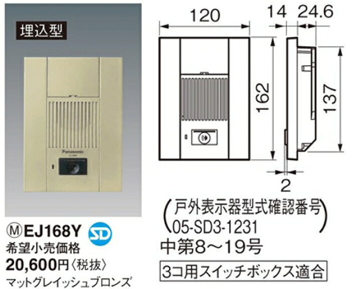 楽天市場】EJ168Y パナソニック 警報表示付ドアホン子器（遠隔試験端子 
