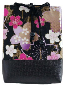 女性用小物袋（ポーチ）巾着袋 信玄袋 「桜浪漫巾着(黒)」■小室久美子