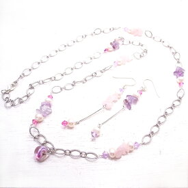 オリジナルファーストラブ　ネックレス＆ピアス 【Elfanne】アメトリン ローズクォーツ 淡水パール スワロフスキー チェコビーズ 天然石