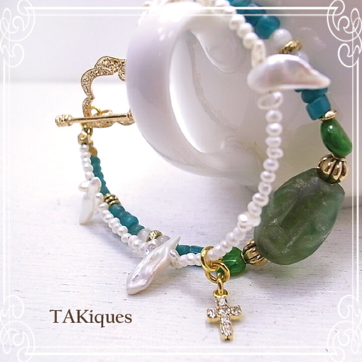 楽天市場】【TAKiques】アンティークガラスビーズ＆ジェムストーン2連 