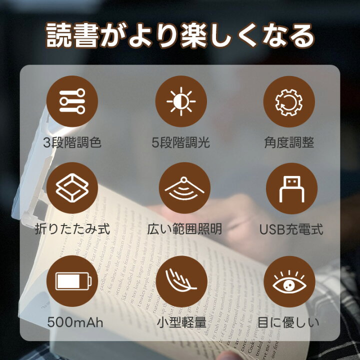 楽天市場】読書灯 ブックライト クリップ 角度調整 5段階明るさ 3種色 