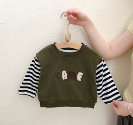 「即納」70cm/90cm/100cm子供服　ベビー服　Tシャツ　子供Tシャツ　子供トップス　キッズロンT　ロンT　ボーダー　重ね着風　男の子　可愛い　春秋　合わせやすい　可愛い　シンプル　長袖　ベビー服　韓国子供服　キッズ服 　春秋　通園