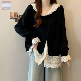 トレーナー レディーストップス 重ね着風 レース トップス 薄手 レイヤード風 フェミニン レディーストレーナー 切り替え レディース洋服 可愛い かわいい服 秋 ゆった 秋物 秋服
