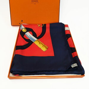 HERMES エルメス スカーフ カレ90 Eperon d'or 黄金の拍車 赤×ネイビー 管理番号:10155