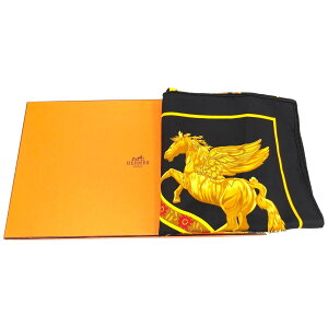 HERMES エルメス カレ90 IN SALZBURG ザルツブルグにて スカーフ シルク 黒×イエロー 管理番号:10228