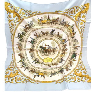 エルメス HERMES カレ90 シルク スカーフ ロンシャンへの散歩道 水色 管理番号:10275