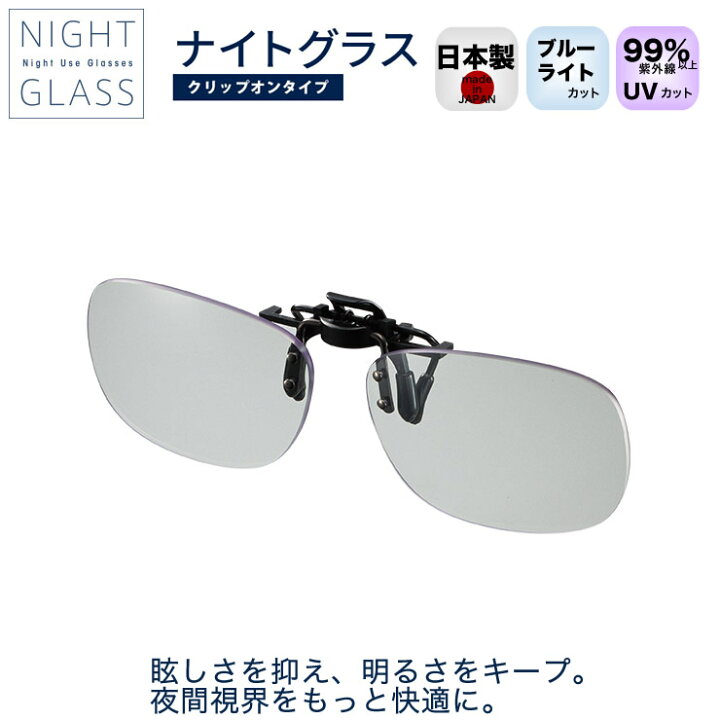 楽天市場 Night Glass ナイトグラス クリップオン 前掛け 前かけ 夜間運転 夜用 車内 長距離運転 ナイトラン ウォーキング メンズ レディース 日本製 ブルーライトカット Acc メガネ サングラスのthat S