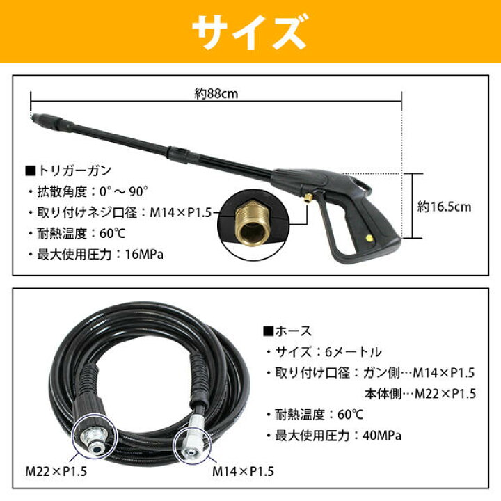 楽天市場】高圧洗浄機 6m 高圧ホース + トリガーガン ガン側 M14×P1.5 