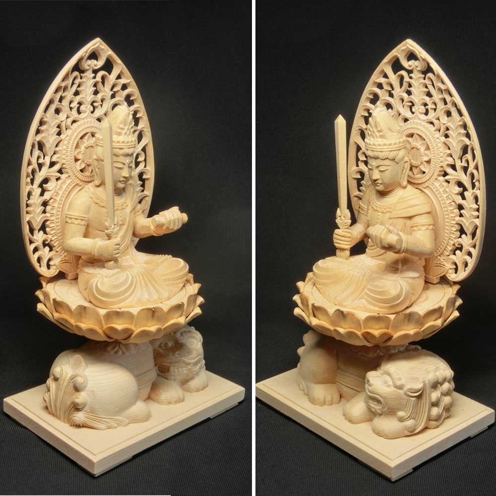 実木彫刻 文殊菩薩 仏像 奉納する 置物-
