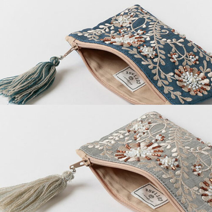 楽天市場】ビーズ 刺繍 ミニ フラットポーチ ≪グレー≫ エンブロイ 
